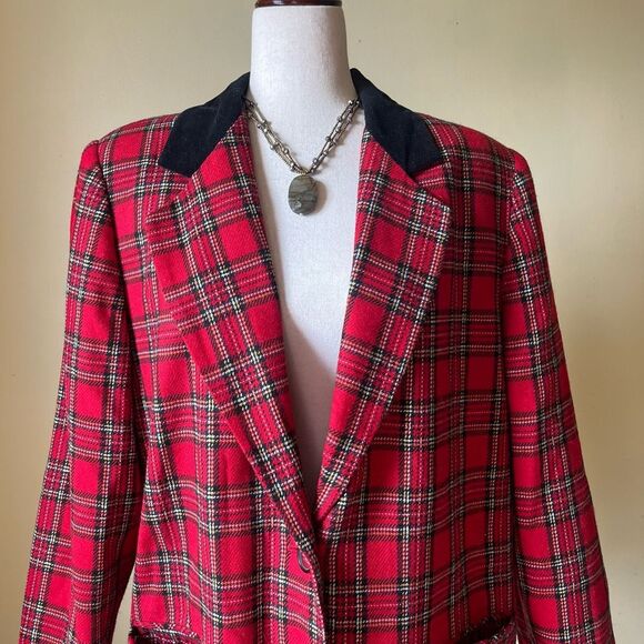 Vintage 90s Blazer Jacket Red Tartan Plaid Wool Blend Velvet Collar Size Large - Picture 2 of 8